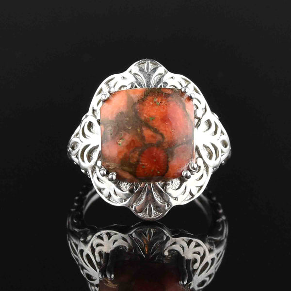 Vintage Carved Silver Marble Agate Ring - Boylerpf