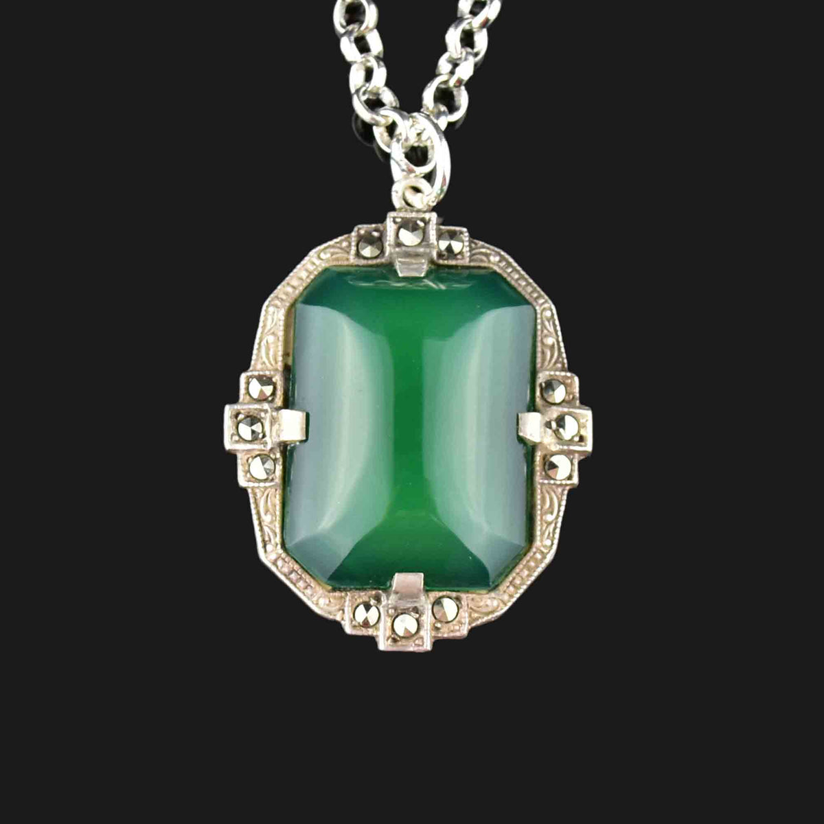 Silver Art Deco Chrysoprase Marcasite Pendant Necklace – Boylerpf