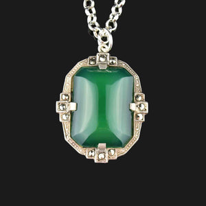 Silver Art Deco Chrysoprase Marcasite Pendant Necklace - Boylerpf