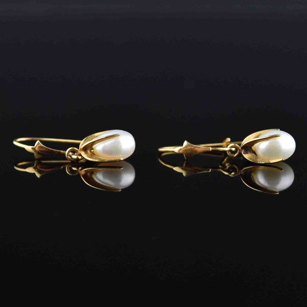 Vintage Art Deco Style 14K Gold Pearl Dangle Earrings - Boylerpf