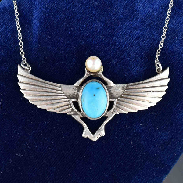 Silver Art Deco Style Turquoise Pearl Scarab Necklace - Boylerpf