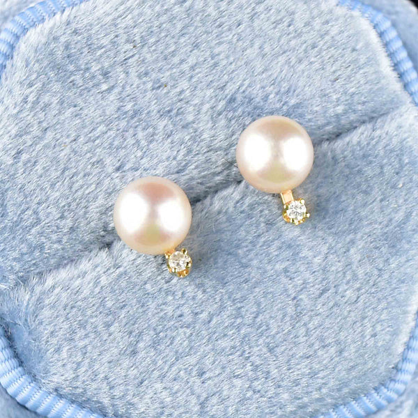 Vintage 14K Gold Diamond Pearl Stud Earrings - Boylerpf