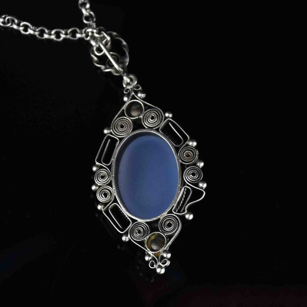 Vintage Chrysoprase Silver Floral Filigree Pendant Necklace - Boylerpf