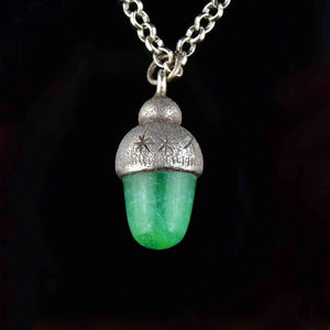 Vintage Carved Silver Jade Acorn Pendant Necklace - Boylerpf