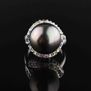 Vintage Silver Multi Gemstone Black Pearl Statement Ring, Sz 7.25 - Boylerpf