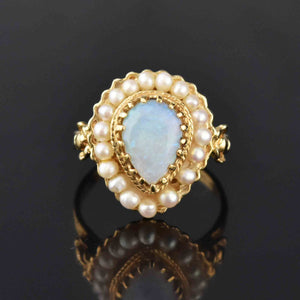 Vintage 14K Gold Pearl Halo Pear Cabochon Opal Ring - Boylerpf