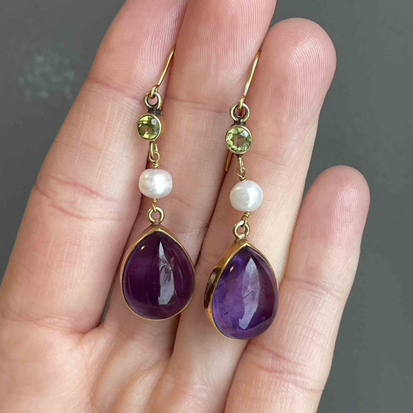 Gold Peridot Pearl Amethyst Suffragette Earrings - Boylerpf