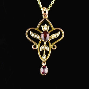 Antique Edwardian Garnet Seed Pearl Pendant Necklace - Boylerpf