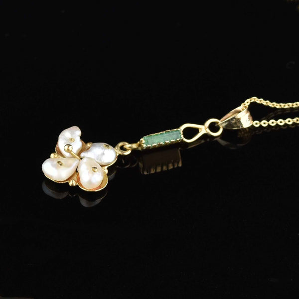 14K Gold Emerald Baroque Pearl Lavalier Pendant Necklace - Boylerpf