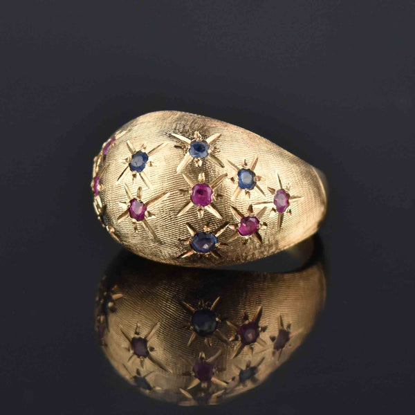 Vintage 14K Gold Sapphire Ruby Bombe Ring, Sz 7 - Boylerpf