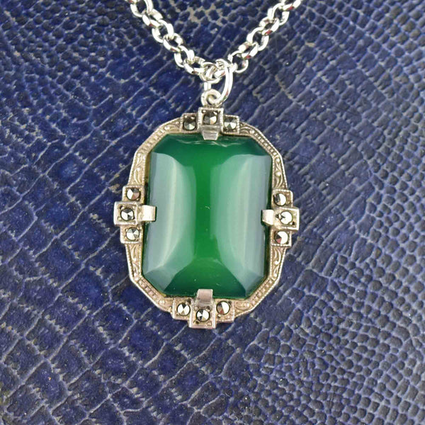 Silver Art Deco Chrysoprase Marcasite Pendant Necklace - Boylerpf