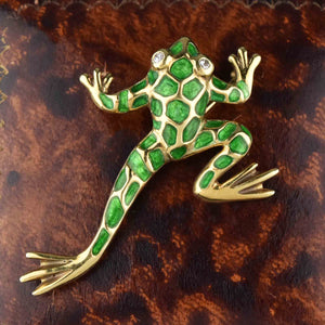 Large 14K Gold Green Enamel Diamond Frog Brooch - Boylerpf