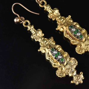 Victorian 18K Gold Emerald Paste Pearl Earrings, Regency Style - Boylerpf