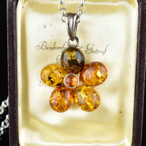 Vintage Silver Floral Amber Pendant Necklace - Boylerpf