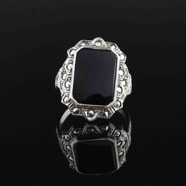 Black Onyx and Marcasite Designer Ring