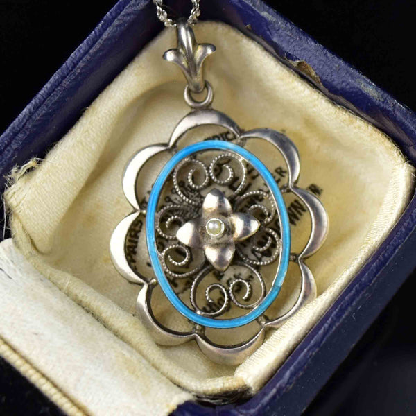 Silver Robin's Egg Blue Enamel Art Deco Pendant Necklace - Boylerpf