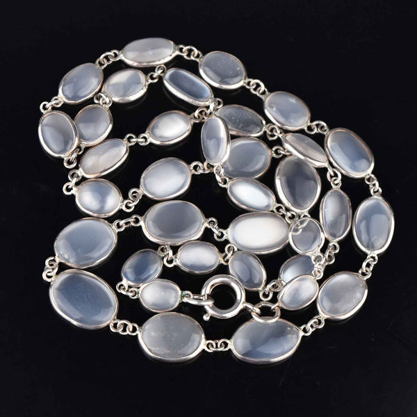 Art Deco Silver Long Natural Moonstone Necklace - Boylerpf