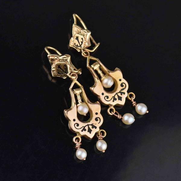 Antique Victorian 14K Gold Enamel Tracery Pearl Earrings - Boylerpf