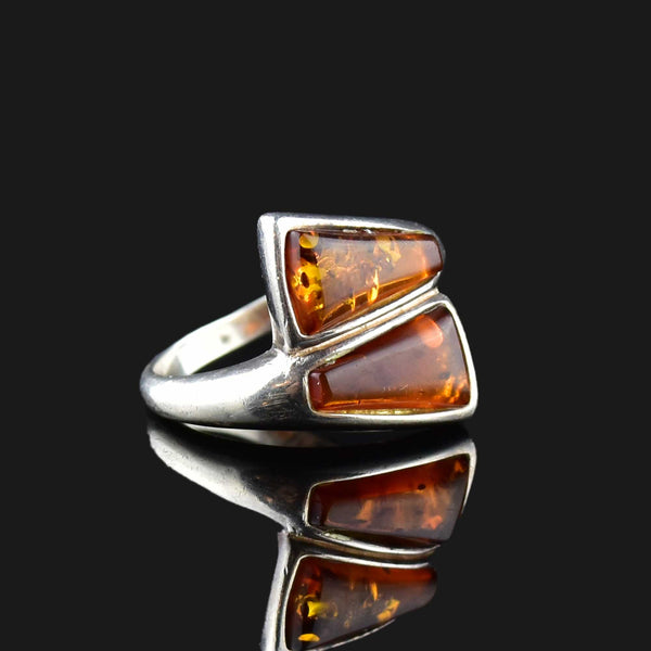 Silver Amber Bypass Style Ring, Sz 7.75 - Boylerpf