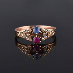 Antique Victorian 14K Rose Gold Pearl Ruby Sapphire Ring - Boylerpf