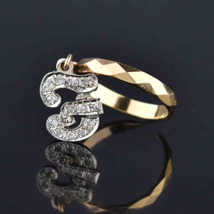 Vintage 14K Gold Initial F or J Diamond Dangle Charm Ring - Boylerpf