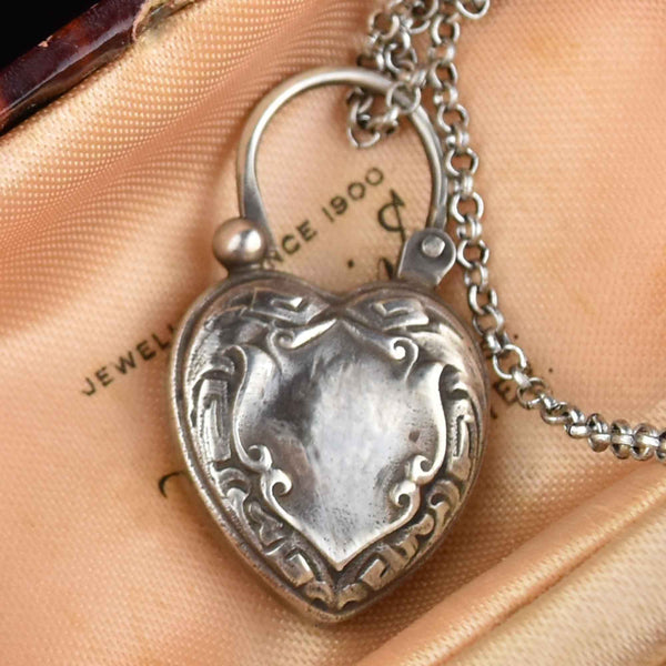 Engraved Silver Agate Heart Padlock Pendant Necklace - Boylerpf