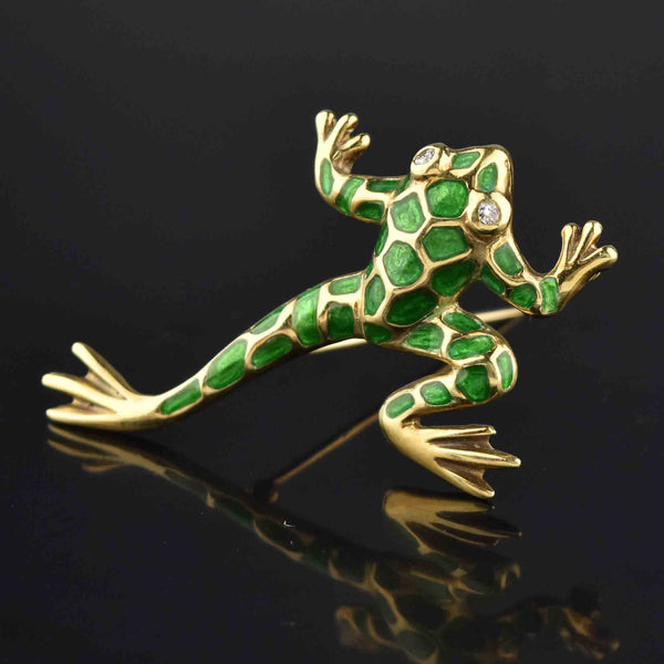 Large 14K Gold Green Enamel Diamond Frog Brooch - Boylerpf