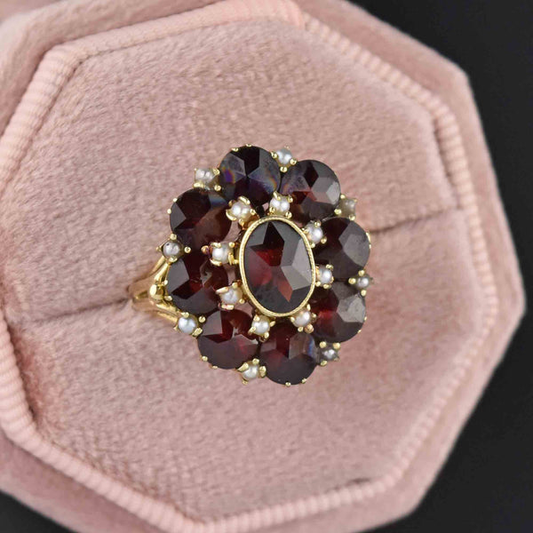 1930s Pearl Rose Cut Garnet Cluster 14K Gold Ring - Boylerpf