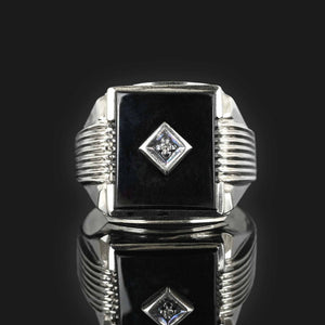 Mens 14K White Gold Diamond Onyx Ring - Boylerpf