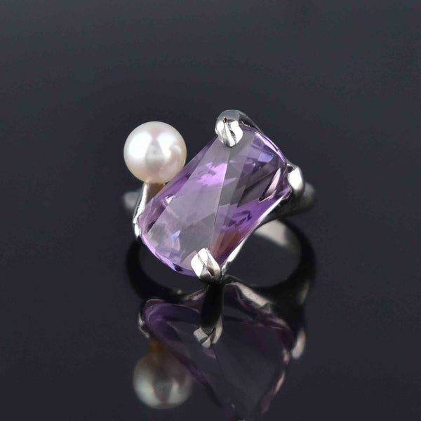 Vintage 14K White Gold Pearl Fantasy Cut Amethyst Ring - Boylerpf