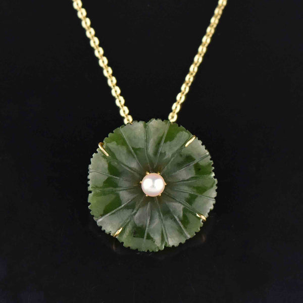 14K Gold Pearl & Carved Jade Flower Pendant Brooch - Boylerpf