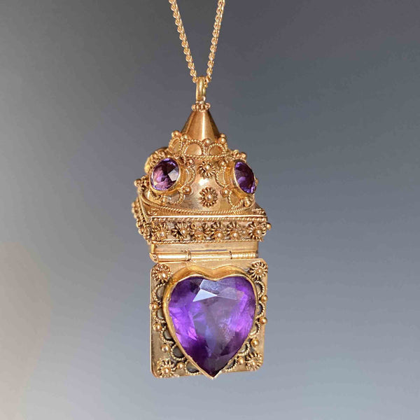 18K Gold Etruscan Revival Amethyst Heart Locket Necklace - Boylerpf