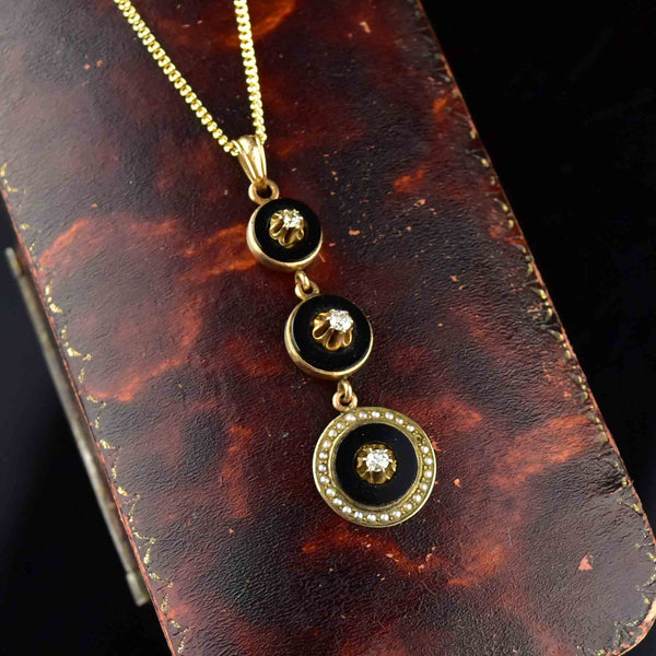 Vintage 10K Gold Onyx Diamond Pearl Art Deco Pendant Necklace - Boylerpf