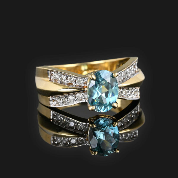 Vintage Diamond Blue Topaz Wide Band Ring in 14K Gold - Boylerpf