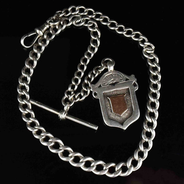 Edwardian Silver Rose Gold Shield Medallion Watch Chain Bracelet - Boylerpf