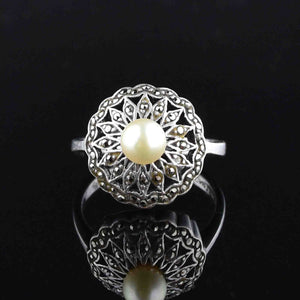 Sterling Silver Pearl Marcasite Engagement Ring, Sz 6.25 - Boylerpf