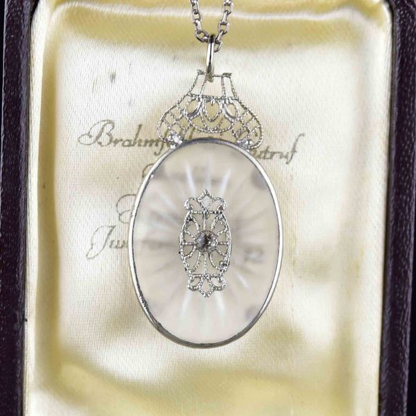Vintage Art Deco Silver Camphor Glass Pendant Necklace - Boylerpf