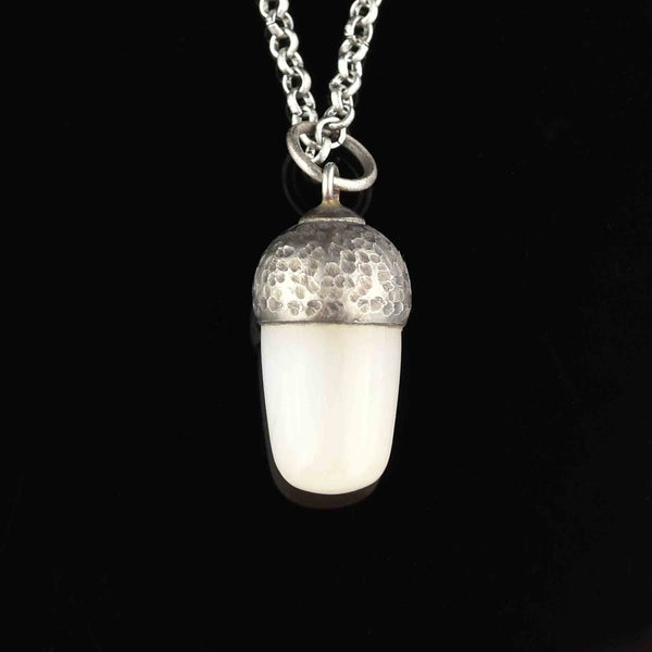 Vintage Carved Silver White Chalcedony Acorn Pendant Necklace - Boylerpf