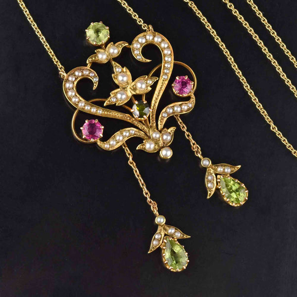 Art Nouveau 18K Gold Peridot Tourmaline Pearl Necklace - Boylerpf
