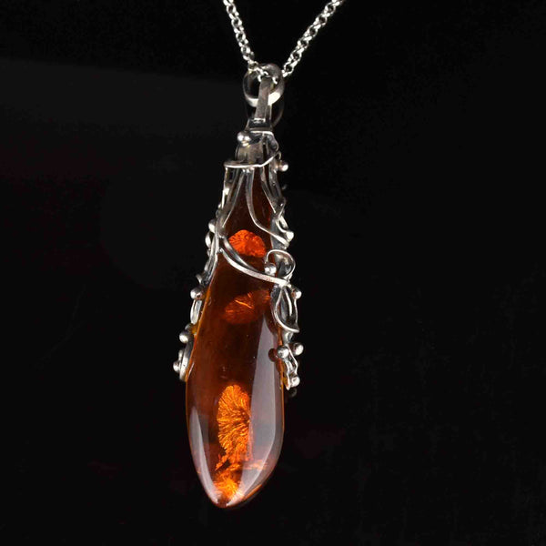Arts and Crafts Style Silver Baltic Amber Pendant Necklace - Boylerpf