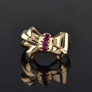 Vintage 10K Gold Ruby Gemstone Ribbon Bow Ring - Boylerpf