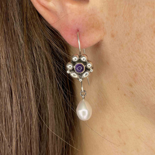 Vintage Silver Flower Amethyst Pearl Earrings - Boylerpf