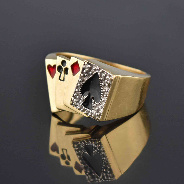 Mens Gold Enamel Diamond Poker Signet Ring, Sz 10 - Boylerpf