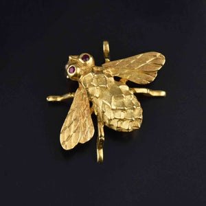 Fine 18K Gold Bumble Bee Brooch w Ruby Eyes - Boylerpf