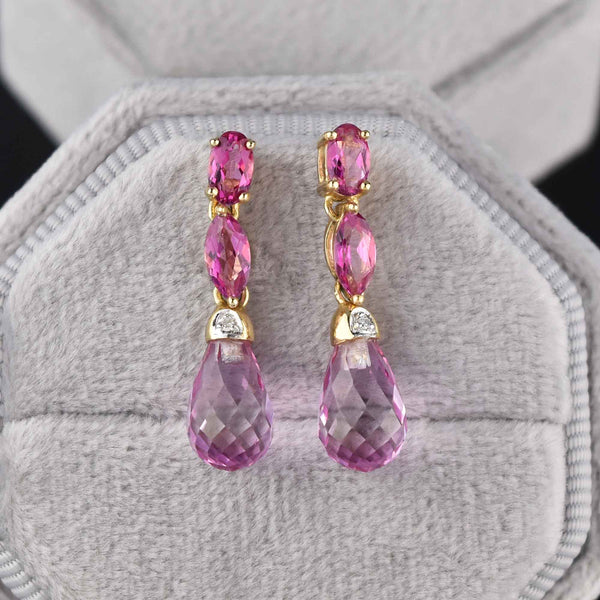 Vintage 14K Gold Diamond Pink Topaz Briolette Dangle Earrings - Boylerpf