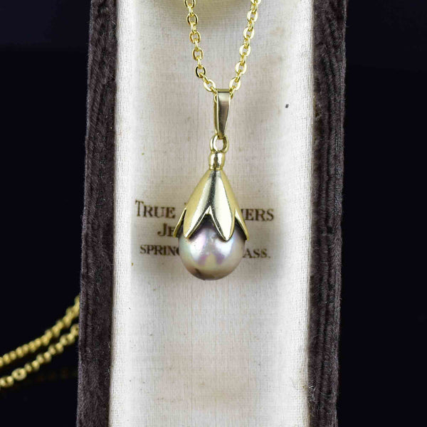 Vintage Gray Pearl 14K Gold Pendant Necklace - Boylerpf