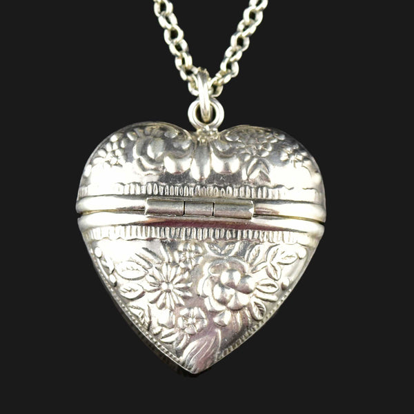 Silver Repousse Sweetheart Heart Locket Pendant Necklace - Boylerpf