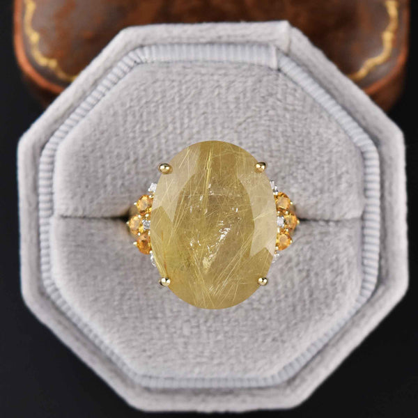 Vintage 15 CTW Rutilated Quartz Diamond Citrine Ring - Boylerpf