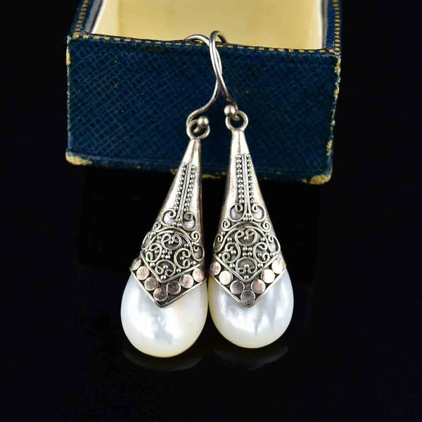 Vintage Carved Silver Mother of Pearl Earrings - Boylerpf