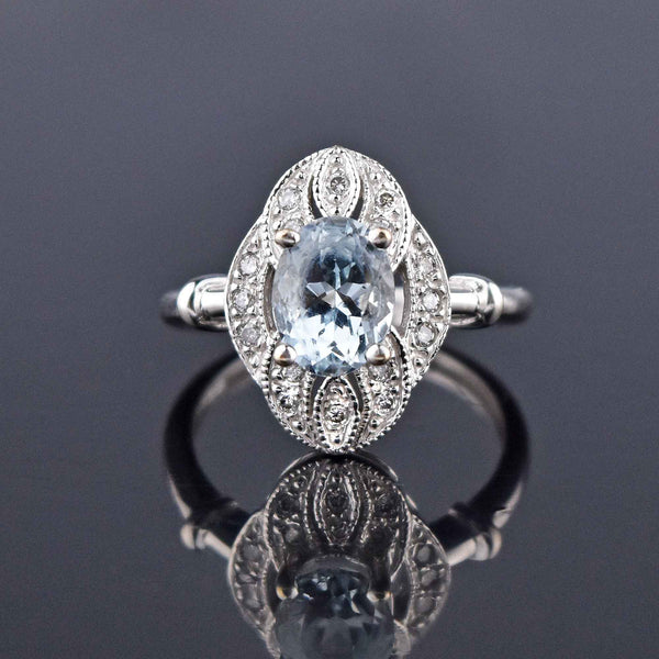 Art Deco Style 14K White Gold Diamond Aquamarine Ring - Boylerpf